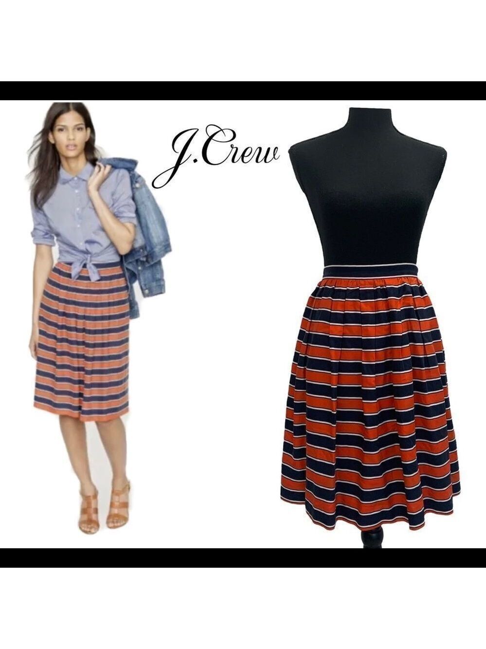 J. Crew Gondola Nautical Red White Navy Striped Pleated Sz 6